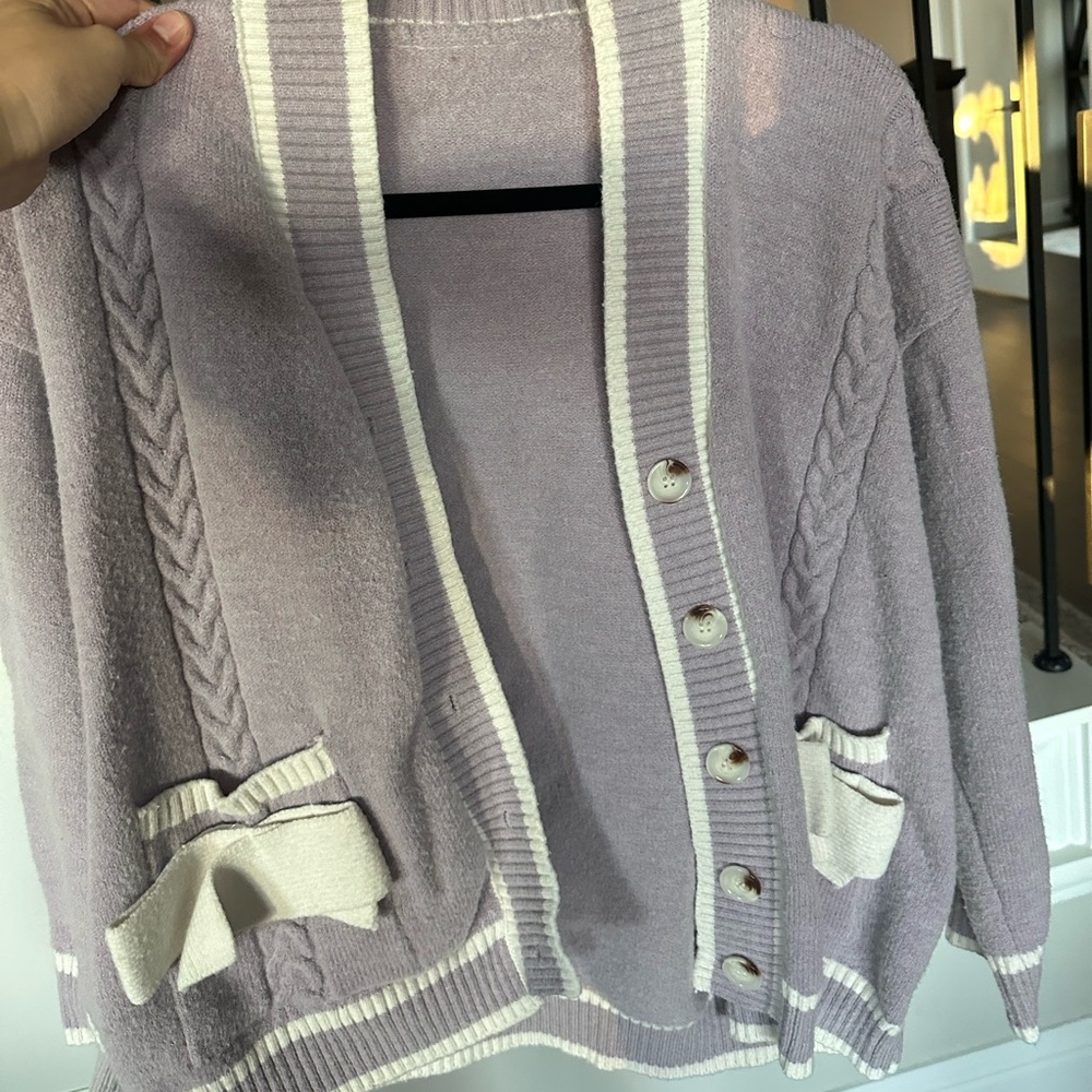 Elegant Lavender Cardigan with Cream Details